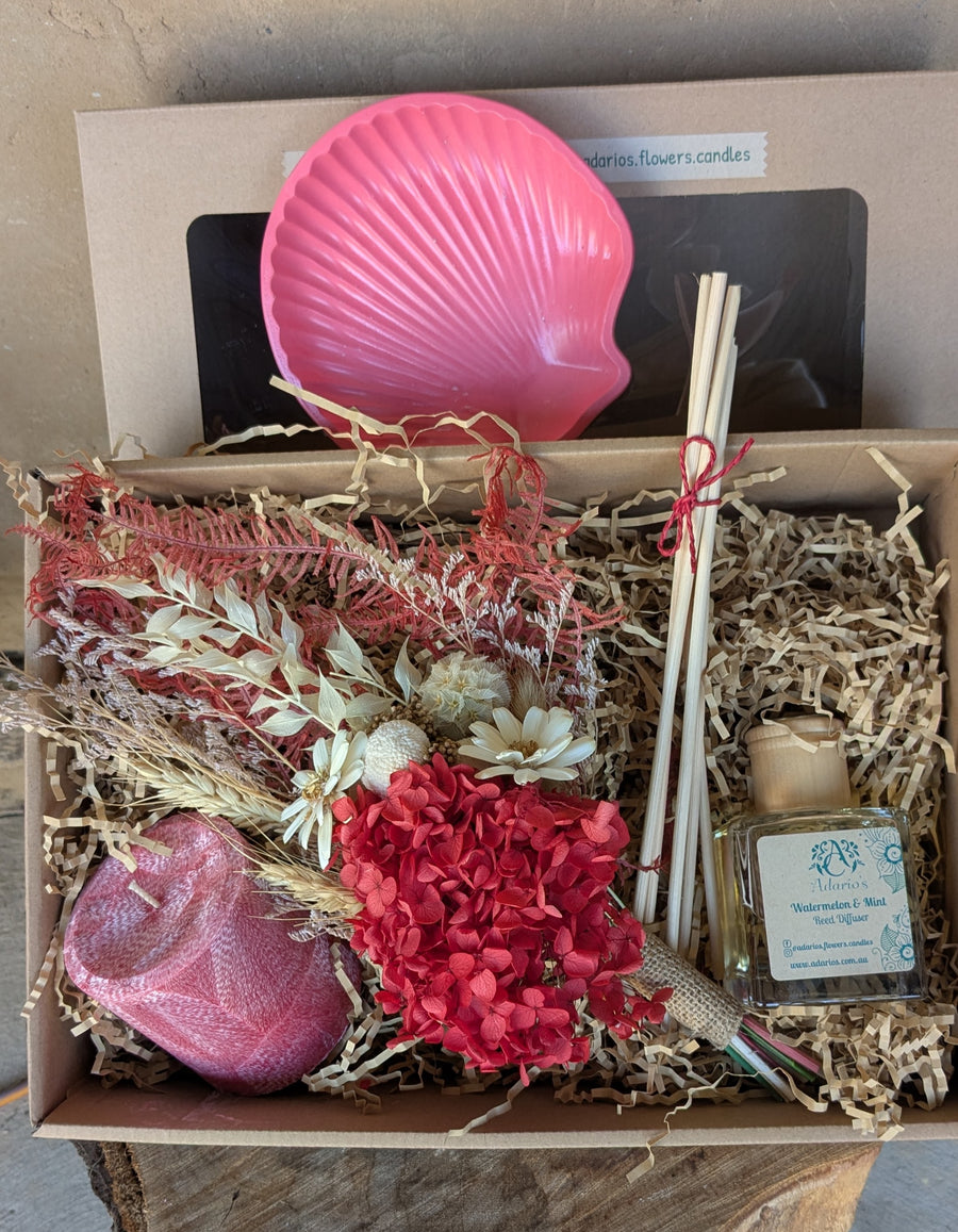 On Sale Large Gift Box : Watermelon Vibes (1 Pillar Candle, 1 Candle Plate + 1 Reed Diffuser + 1 Red Small Dried Flower Arrangement)