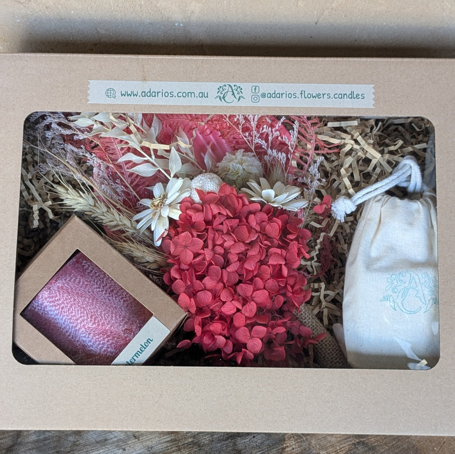 On Sale Large Gift Box : Watermelon Vibes (1 Pillar Candle, 1 Candle Plate + 1 Reed Diffuser + 1 Red Small Dried Flower Arrangement)