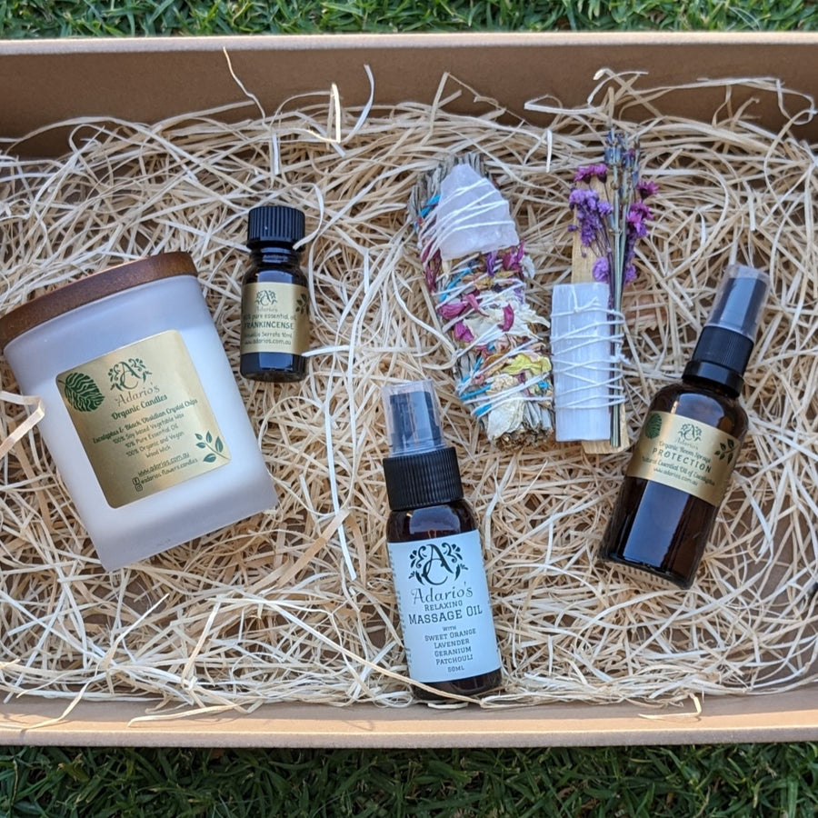 NATURAL LARGE GIFT BOX ESSENTIAL OIL ROOM SPRAY SOY CANDLE CRYSTAL MASSAGE OIL SMUDGES
