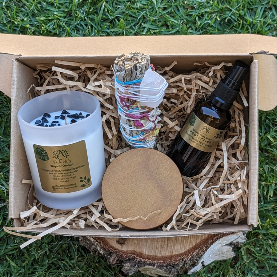 NATURAL SMALL GIFT BOX ESSENTIAL OIL ROOM SPRAY SOY CANDLE CRYSTAL MASSAGE OIL SAGE SMUDGE